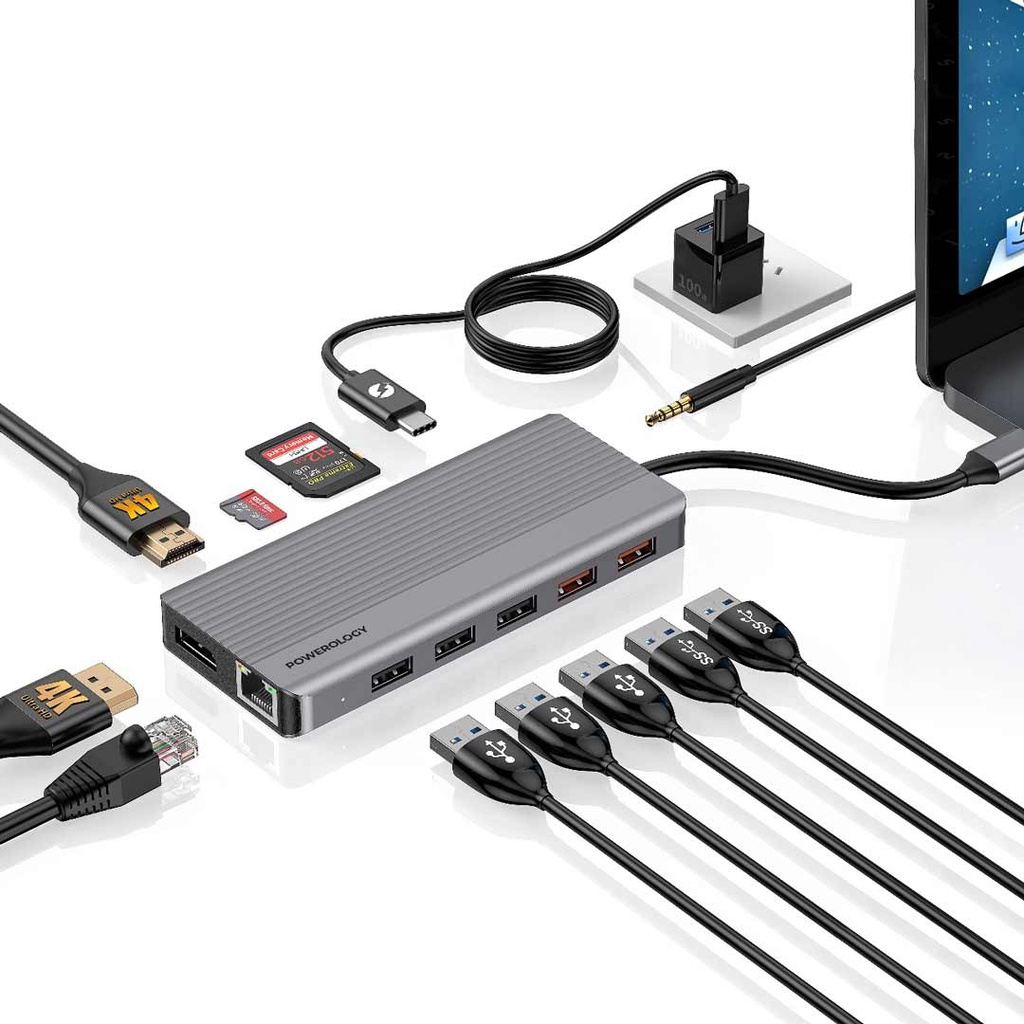 Powerology 12 in 1 HDMI & DP 4K Usb-C Hub Ethernet 10Gbps Data Transfer