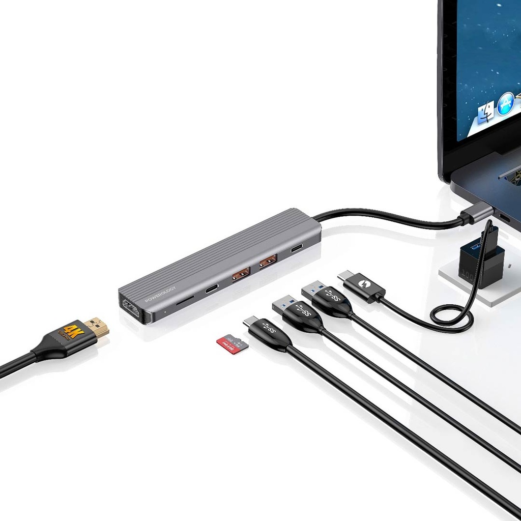 Powerology 6in 1 Slim 4K HDMI USB-C Hub 10Gbps Data Transfer