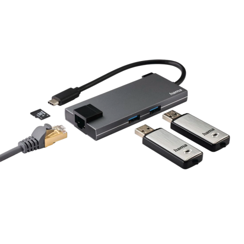 Hama 5-in-1 USB-C Hub, 2 x USB-A, USB-C, HDMI, LAN-Ethernet