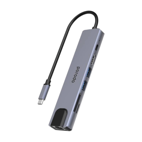 Porodo 7in1 Aluminum USB-C Hub 4K HDMI 100W PD - Gray