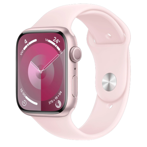 ساعة أبل سلسلة 9 الذكية مع دعم GPS بحجم 41 ملم - غطاء من الألومنيوم وردي مع سوار رياضي بلون الوردي الفاتح وسط / كبير