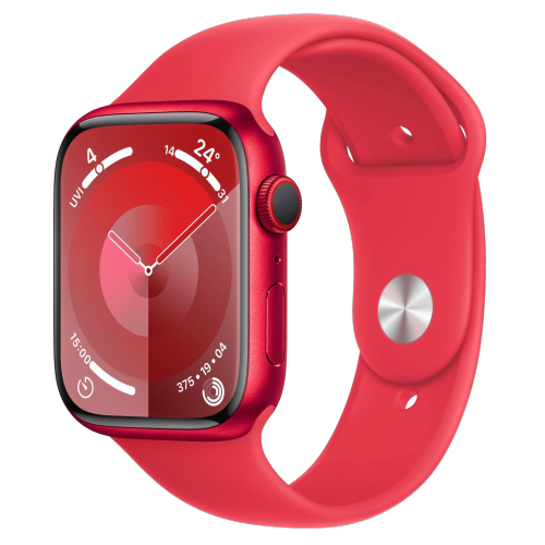ساعة أبل سلسلة 9 الذكية مع دعم GPS بحجم 41 ملم - غطاء احمر من الألومنيوم مع سوار رياضي أحمر صغير / وسط