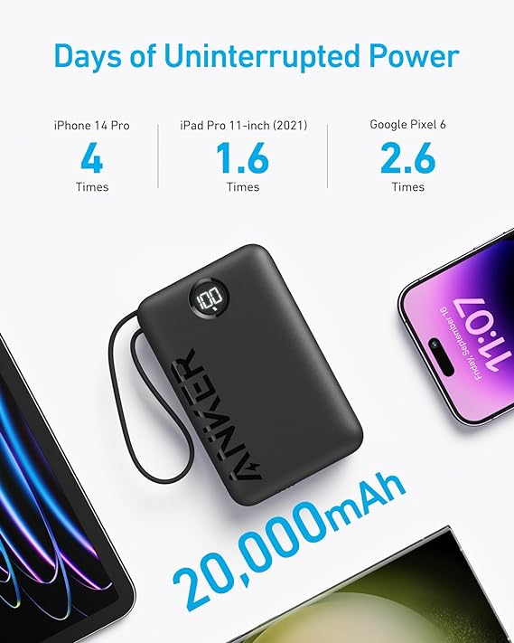 Anker 335 Power Bank (20K 22.5W PD, Built-In USB-C Cable)-Black