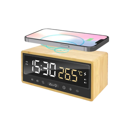 XPower QIC5 4 In 1 Bamboo Alarm Clock With 15W Wireless Charger - Brown