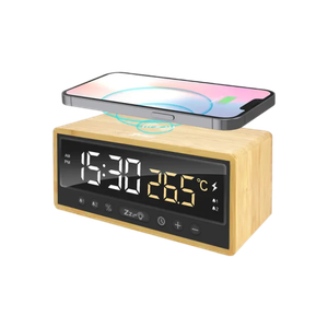 [4895246605845] XPower QIC5 4 In 1 Bamboo Alarm Clock With 15W Wireless Charger - Brown