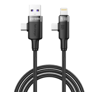 [6849108441988] Porodo Dual Connector Universal Cable Lightning, Type-C, USB-A Black